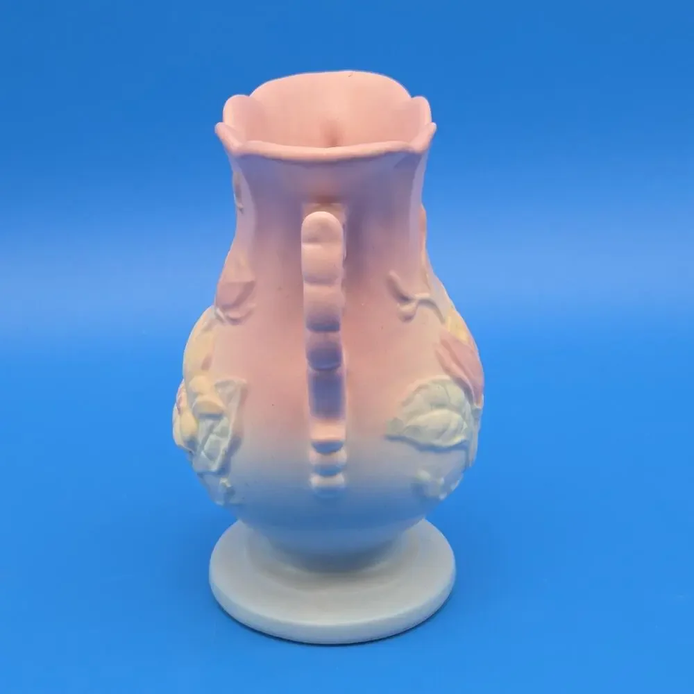 Hull Art Pottery Magnolia Vase 6.25” Matte Pink Blue Double Handle USA 1940s